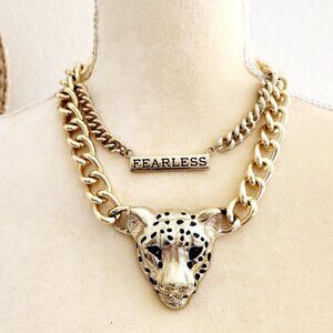 etc! Fearless Leopard Face 3D Chunky Layered Double Strand Gold Chain Necklace